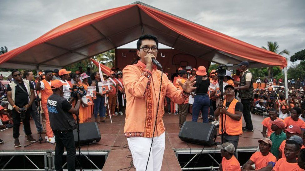 Incumbent Madagascar President Andry Rajoelina, candidate in the 2023 presidential election, speaks at a political rally during his re-election campaign, in Mahanoro, November 11, 2023.