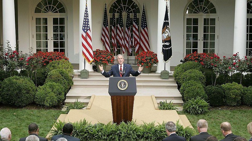 US President George W Bush speaks during a press conference in the Rose Garden at the White House in September 2006 in Washington, DC