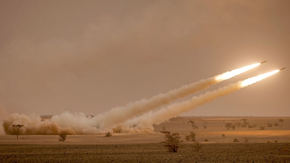Two Himars missiles being launched during US army exercises
