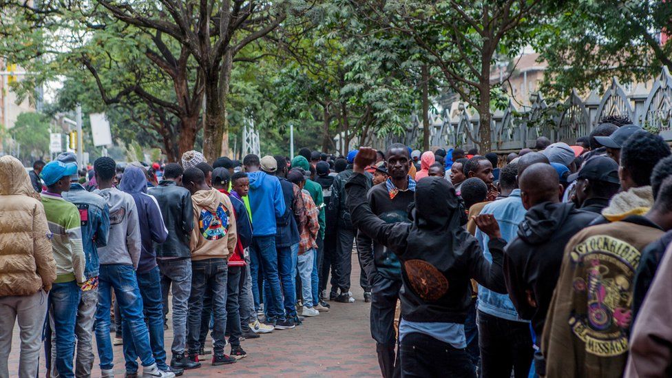 Kenyans waiting for the Worldcoin eye scanning process, July 2023