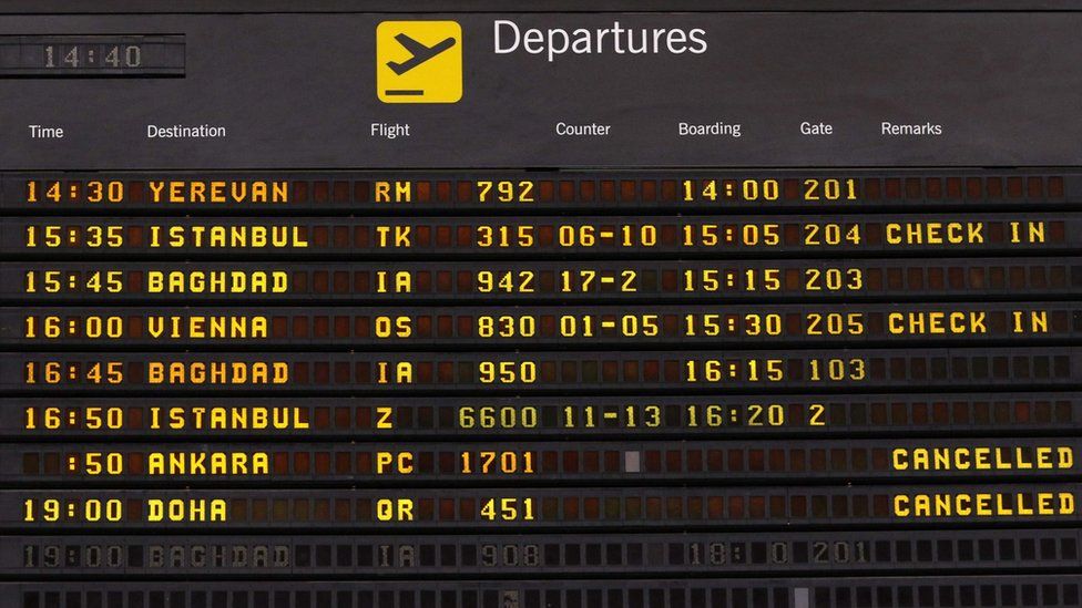 Flight information board at departure lounge at Irbil international airport (29 September 2017)