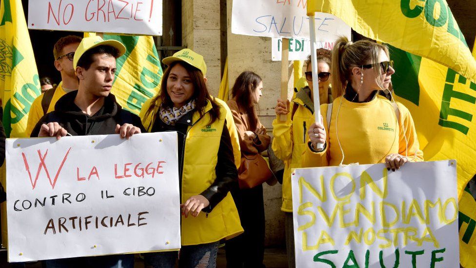 Breeders and farmers from Coldiretti in front of Palazzo Chigi demonstrate their support for the law