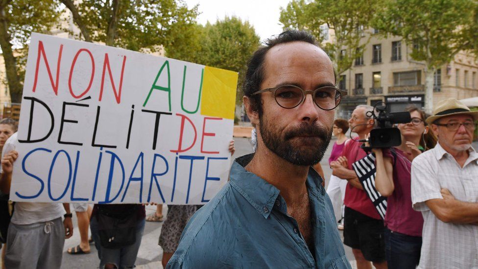 Cédric Herrou outside court, 8 Aug 17