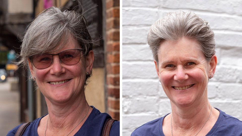 A before and after haircut portrait of Erica Young