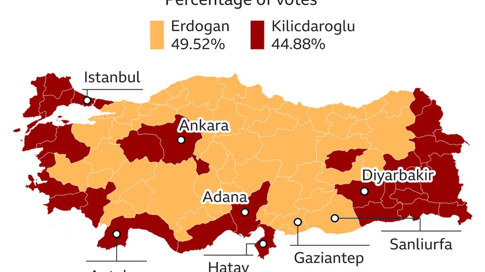 Карты, показывающие поддержку двух кандидатов в президенты Турции