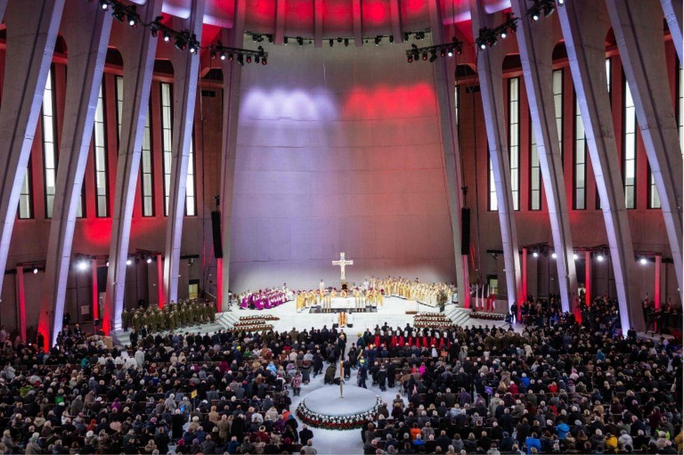 A picture of the inauguration Mass in the Temple of Divine Providence, in Warsaw, Poland, on November 11, 2016.