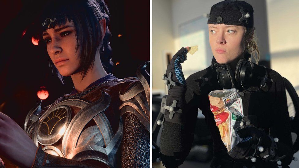 On the left, a female character with short, bob hair and a straight fringe looks sad or contemplative. She's wearing a suit of armour with a large, circular silver chest guard and ornate shoulder piece. She's bathed in an orange, candle-like glow. On the right, a photo of a real human woman sitting in a work canteen/kitchen eating crisps while wearing a motion capture suit. It's skin tight, with small, ping-pong style balls .ted around the surface. She's also wearing large, over-ear headphones around her neck