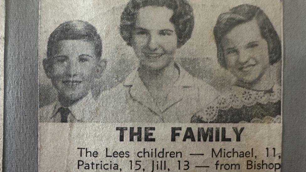 Black and white photos of Michael Lees, Jill Tovey and their mother in a newspaper cutting