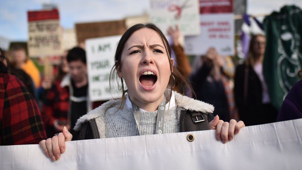 Abortion rights demonstrators marching through Belfast