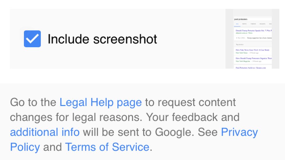 Screengrab of google feedback page
