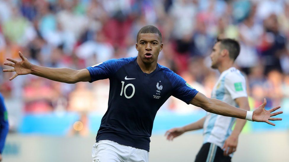France's Kylian Mbappe in the World Cup match against Argentina on 30 June 2018