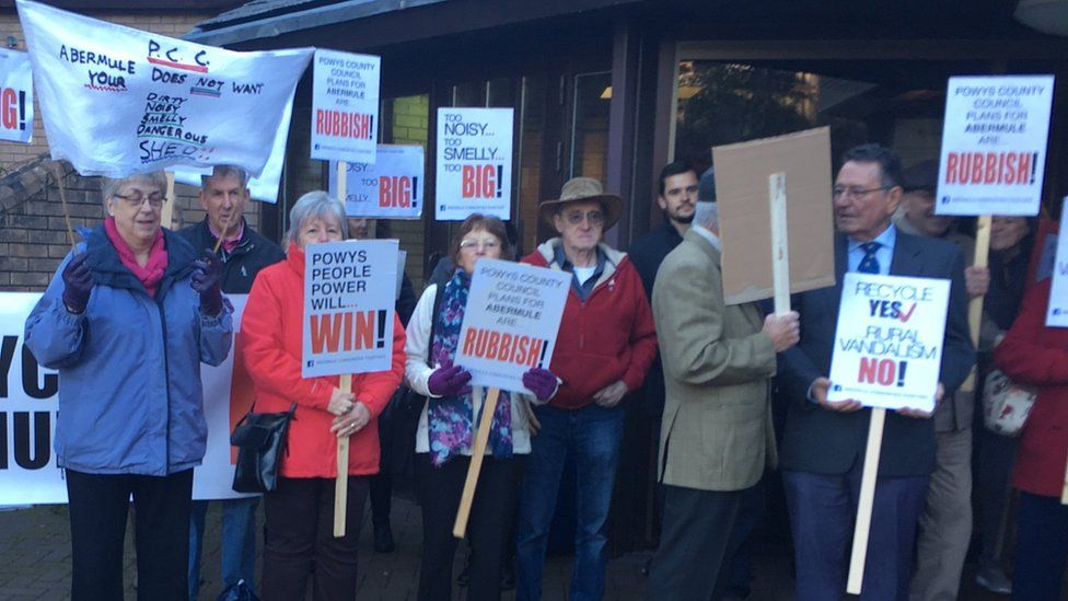 Residents of Abermule protest at Powys County Hall in Llandrindod Wells in November 2018