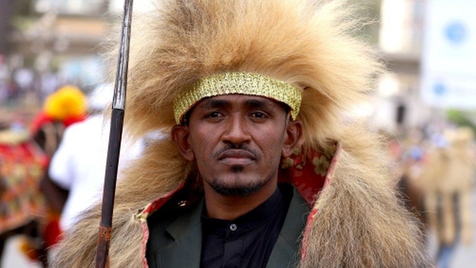 Ethiopian musician Haacaaluu Hundeessaa poses while dressed in a traditional costume during the 123rd anniversary celebration of the battle of Adwa, where Ethiopian forces defeated invading Italian forces