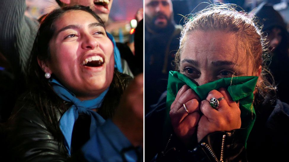 An anti-abortion and pro-choice campaigner react after a Senate vote in Argentina