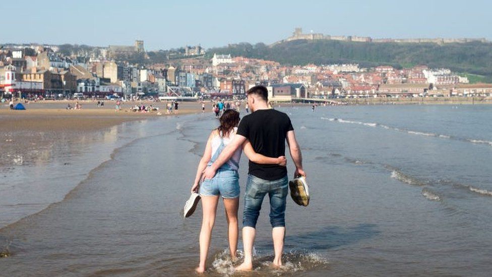 Young couple in the sea at Scarborough