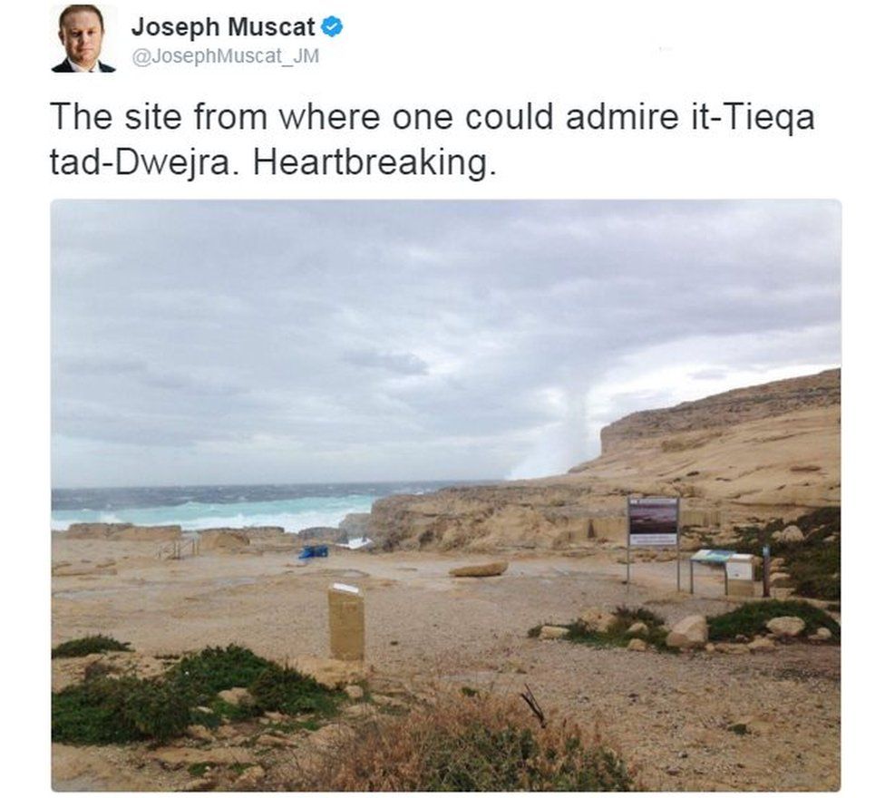 Tweet from Malta's prime minister says, with a picture of the site where the Azure Window stood: The site from where one could admire it-Tieqa tad-Dwejra. Heartbreaking.
