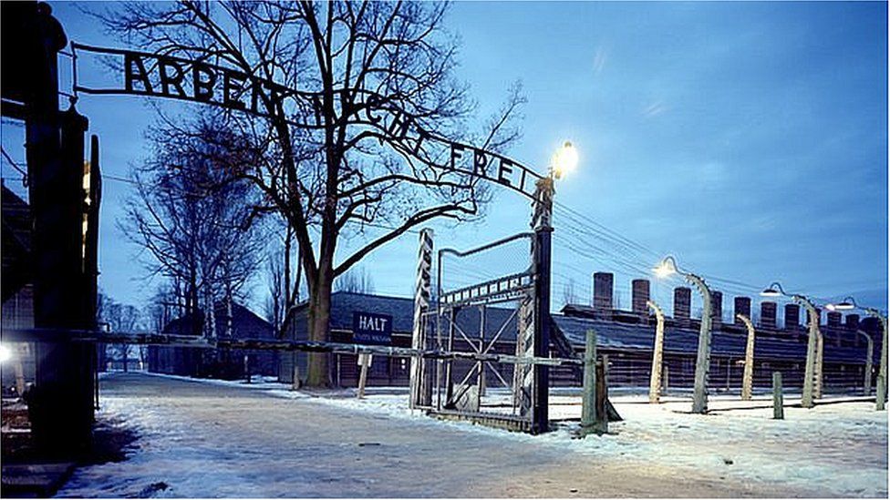 The entrance to Auschwitz-Birkenau concentration camp in Oswiecim, Poland, with the words Arbeit Mach Frei (work makes you free) on the gates. It is now part of The Auschwitz-Birkenau State Museum