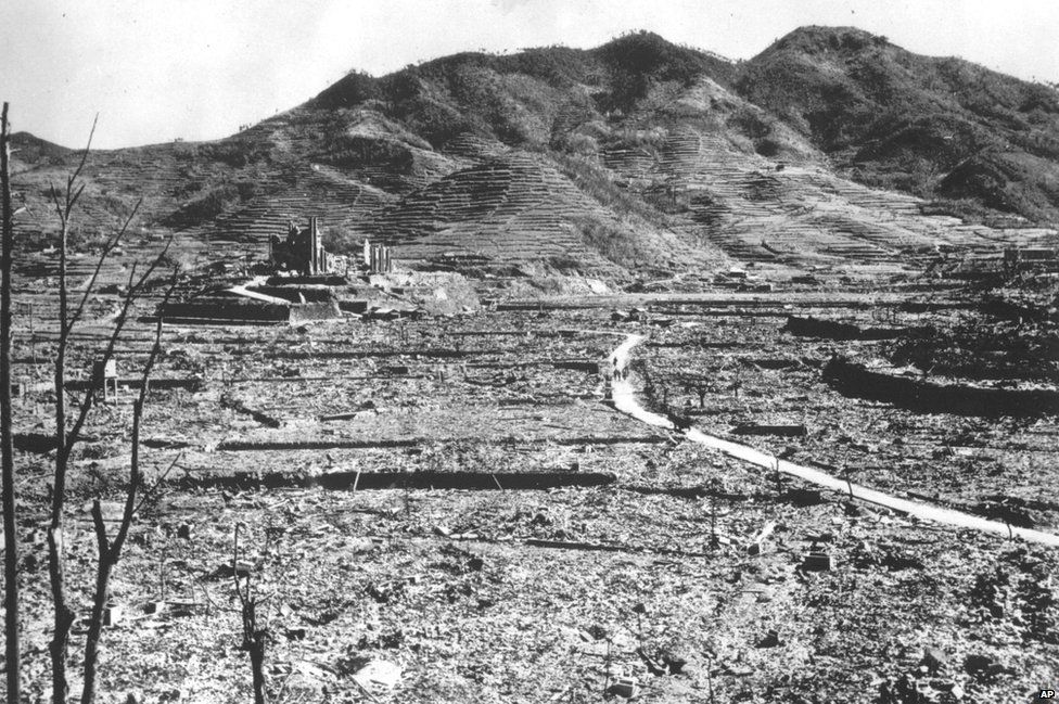 The Roman Catholic Church of Urakami standing over the burn-razed cityscape of Nagasaki, southern Japan, after the second atomic bomb ever used in warfare was dropped by the US over the Japanese industrial centre.