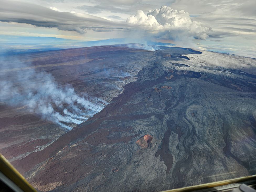 Aerial view of Mauna Loa summit with Lua Hou in the foreground followed by Lua Hohonu, South Pit, and Mokuʻāweoweo summit caldera after the eruption of Mauna Loa volcano in Hawaii, U.S. November 28, 2022.