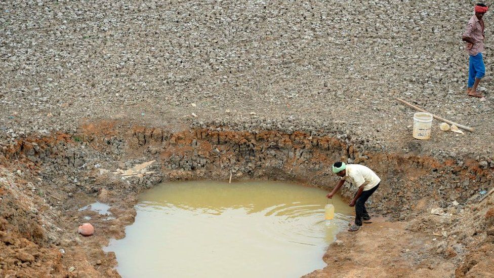 Indian workers collect water from the Puzhal reservoir on the outskirts of Chennai on June 20, 2019. - Water levels in the four main reservoirs in Chennai have fallen to one of its lowest levels in 70 years, according to local media reports