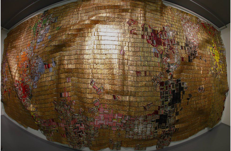 An art work by Ghana artist El Anatsui titled "Dissolving Continents" using Aluminium and Copper at the Zeitz Museum of Contemporary Art Africa (Zeitz MOCAA).