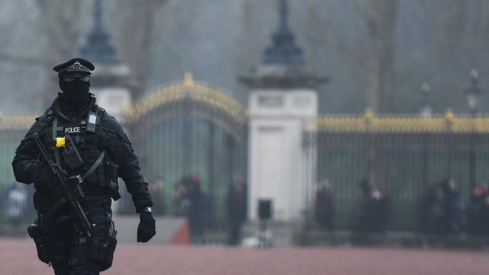 A Met police officer with a machine gun and his face covered standing outside