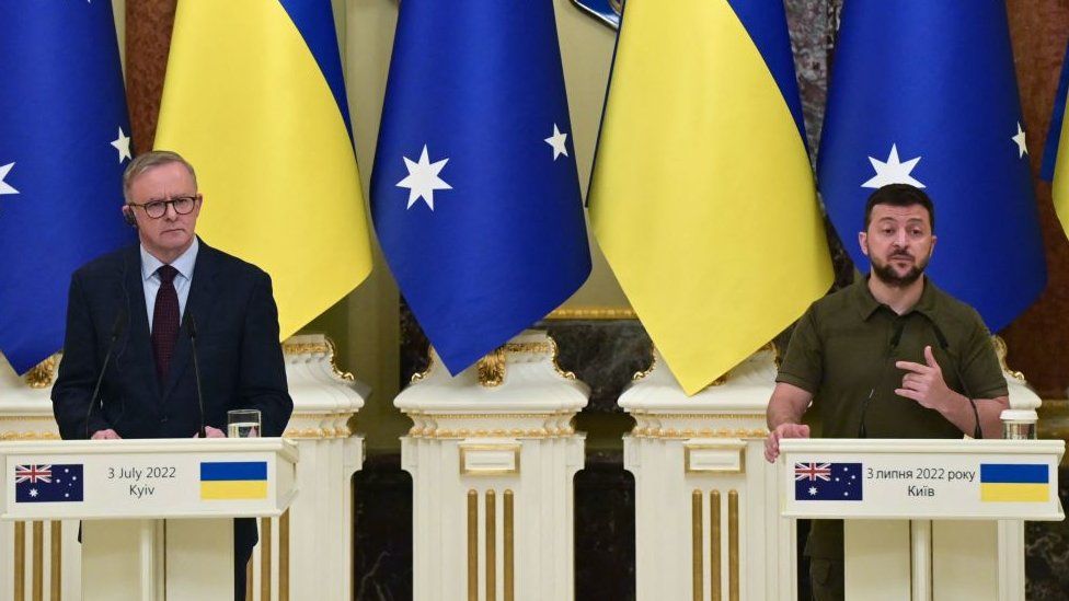 Australian Prime Minister Anthony Albanese gives a press conference with Ukranian President Volodymyr Zelensky