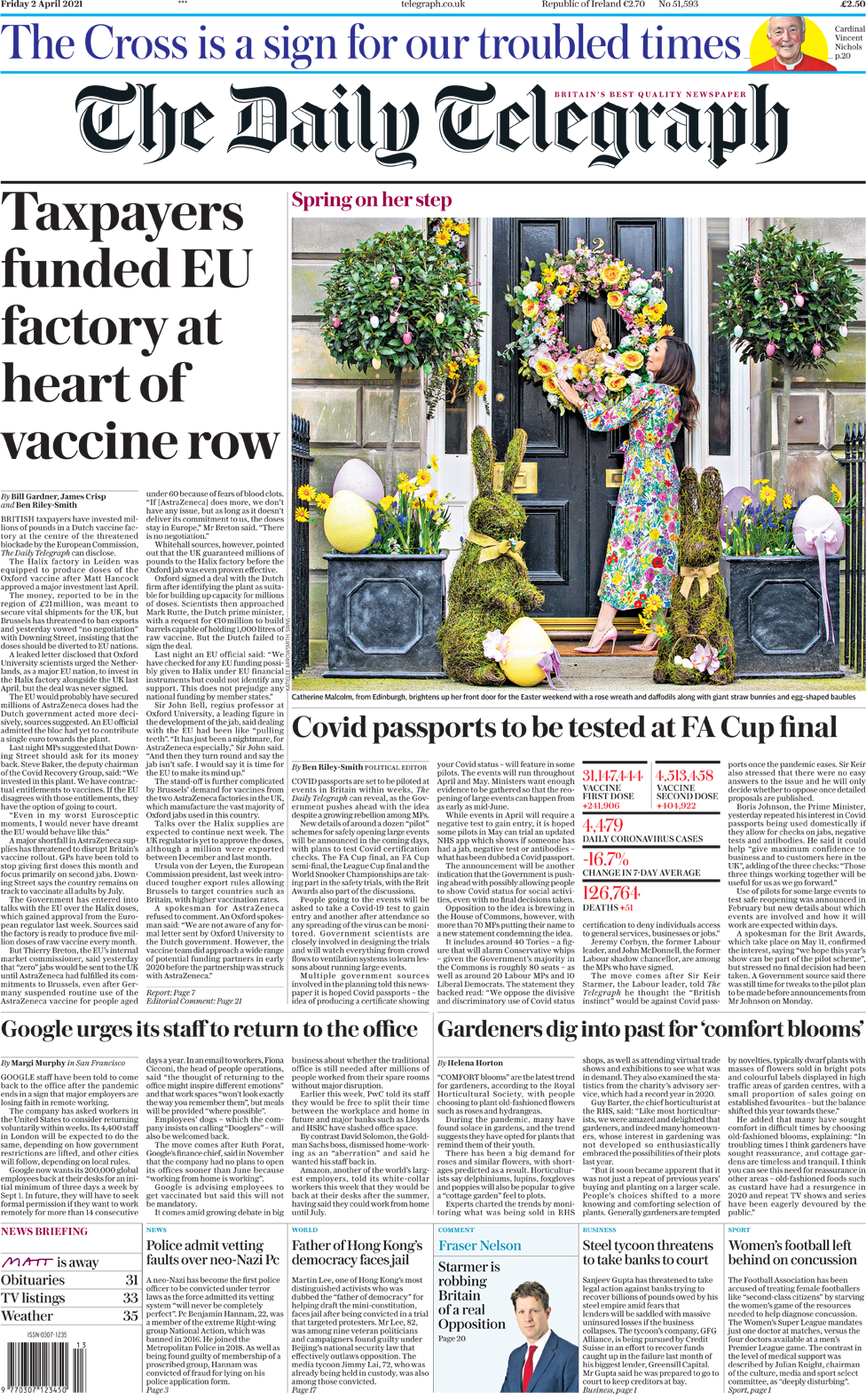 The Guardian front page 2 April 2021