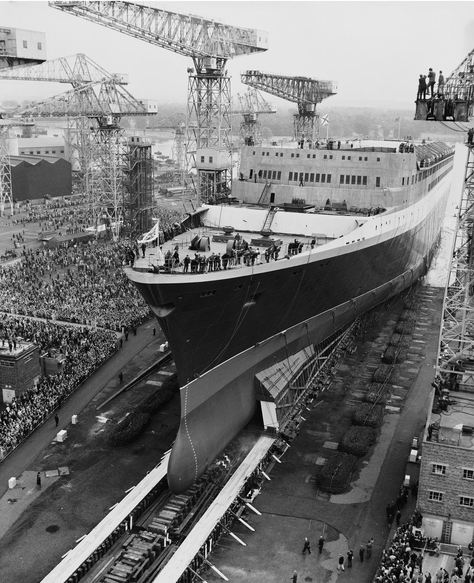 The QE2 enters the water at Clydebank in September 1967