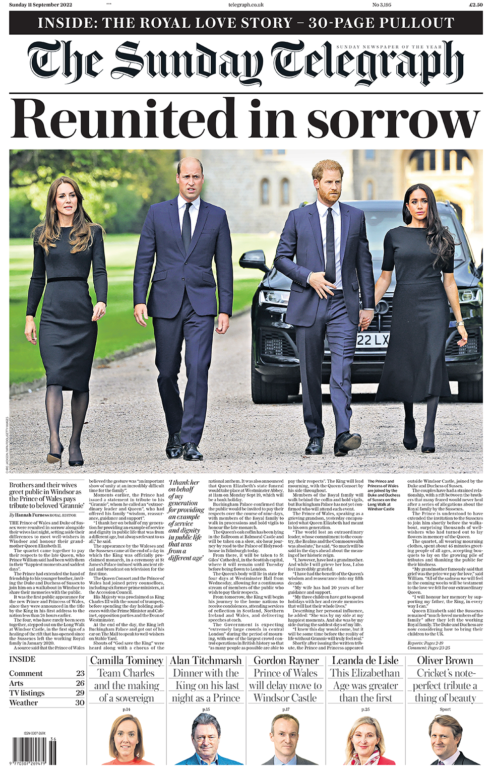 The Sunday Telegraph jornais ingleses morte rainha Elizabeth ascensão Charles III