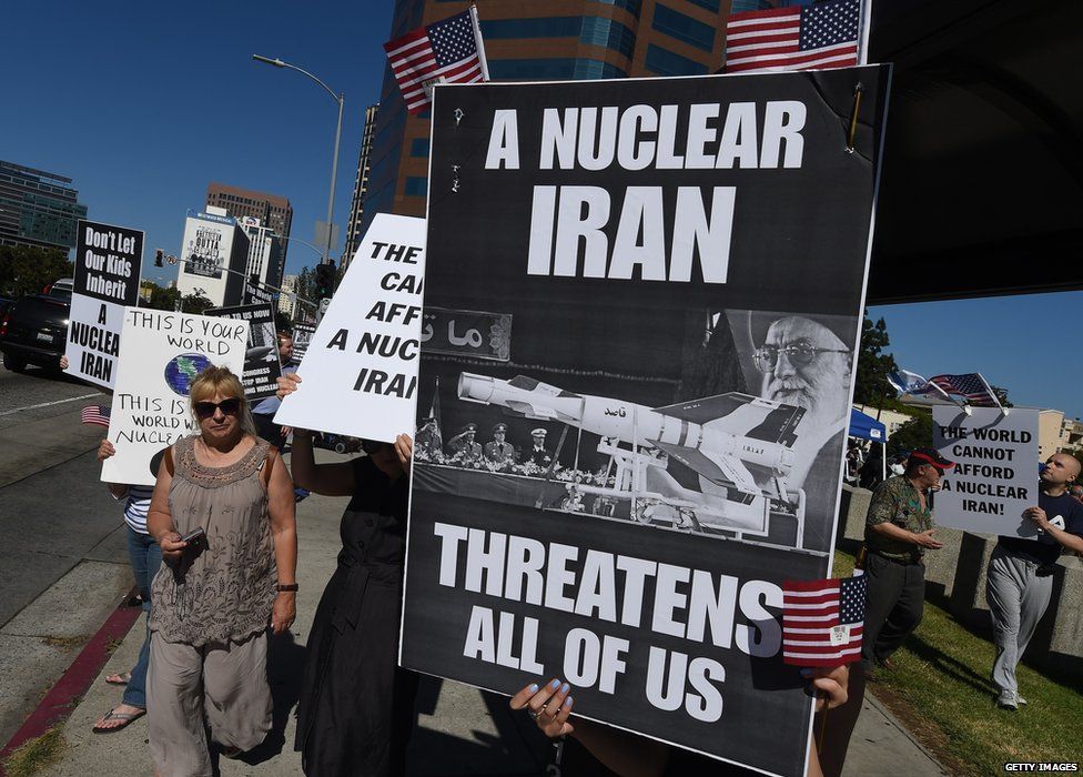 Protesters show their dislike for the nuclear deal with Iran