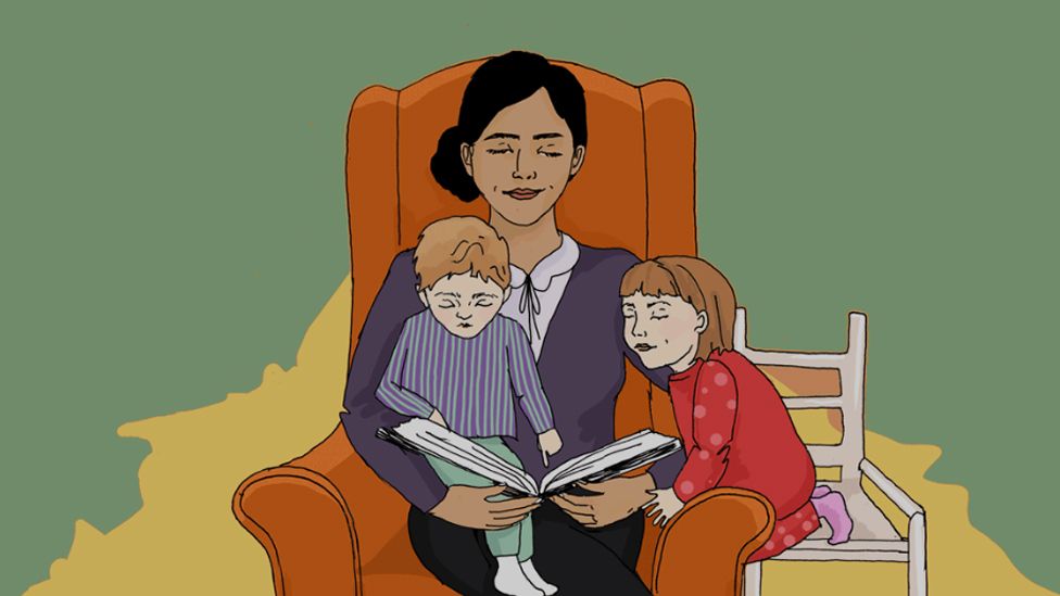 Drawing of woman reading to children