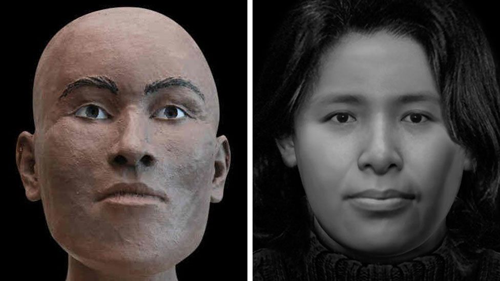 A clay reconstruction of the victim's face from 1999, compared to a much more accurate digital image from 2023 which uses new technology.