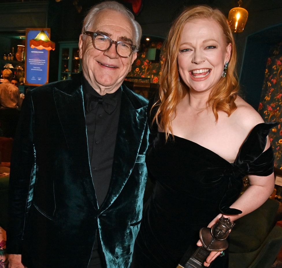 Brian Cox and Sarah Snook, winner of the Best Actress award for "The Picture Of Dorian Gray", pose backstage during The Olivier Awards 2024 at Royal Albert Hall on April 14, 2024 in London, England