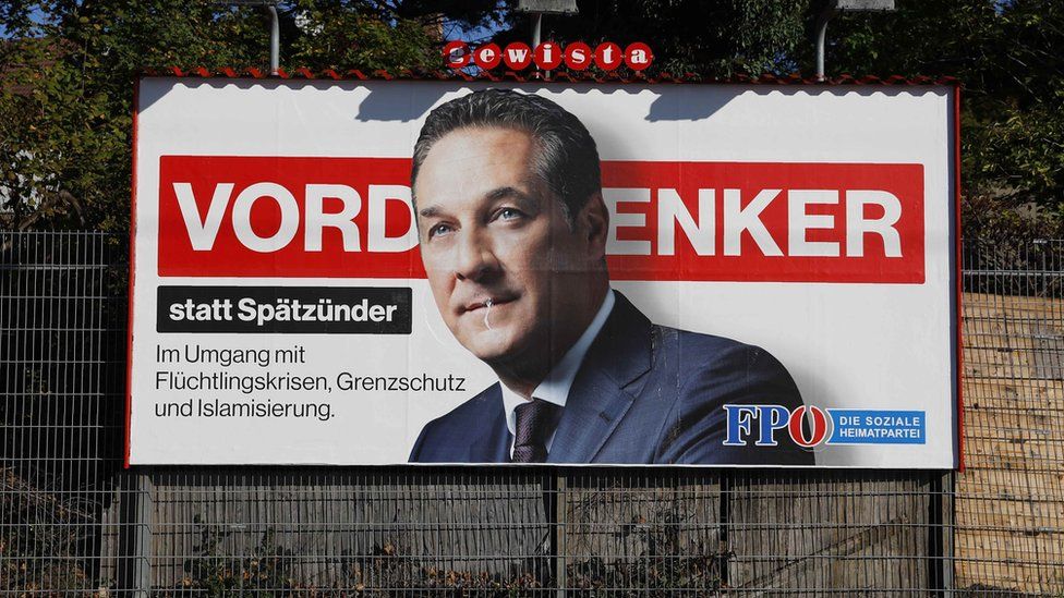 An election campaign poster of far-right Freedom Party of Austria (FPOe) head and top candidate Heinz-Christian Strache