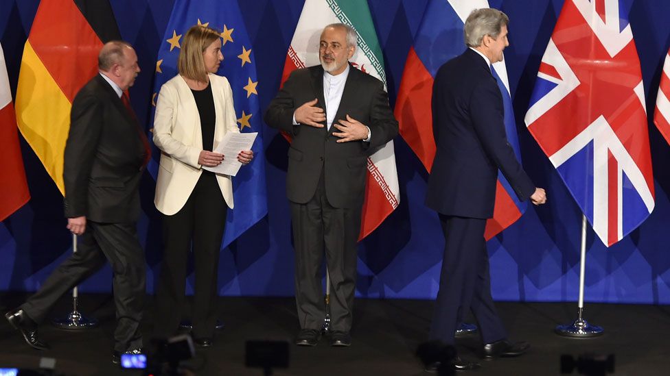 EU's foreign policy chief Federica Mogherini, Iranian Foreign Minister Mohammad Javad Zarif and US Secretary of State John Kerry