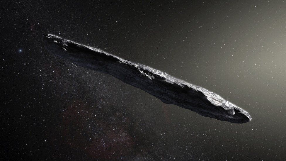 Artist's impression of Oumuamua, a long, cigar shaped object