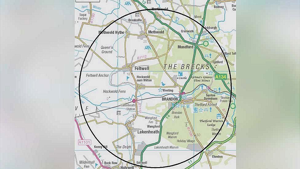 A 10km (6.2m) control zone near Feltwell, near Downham Market