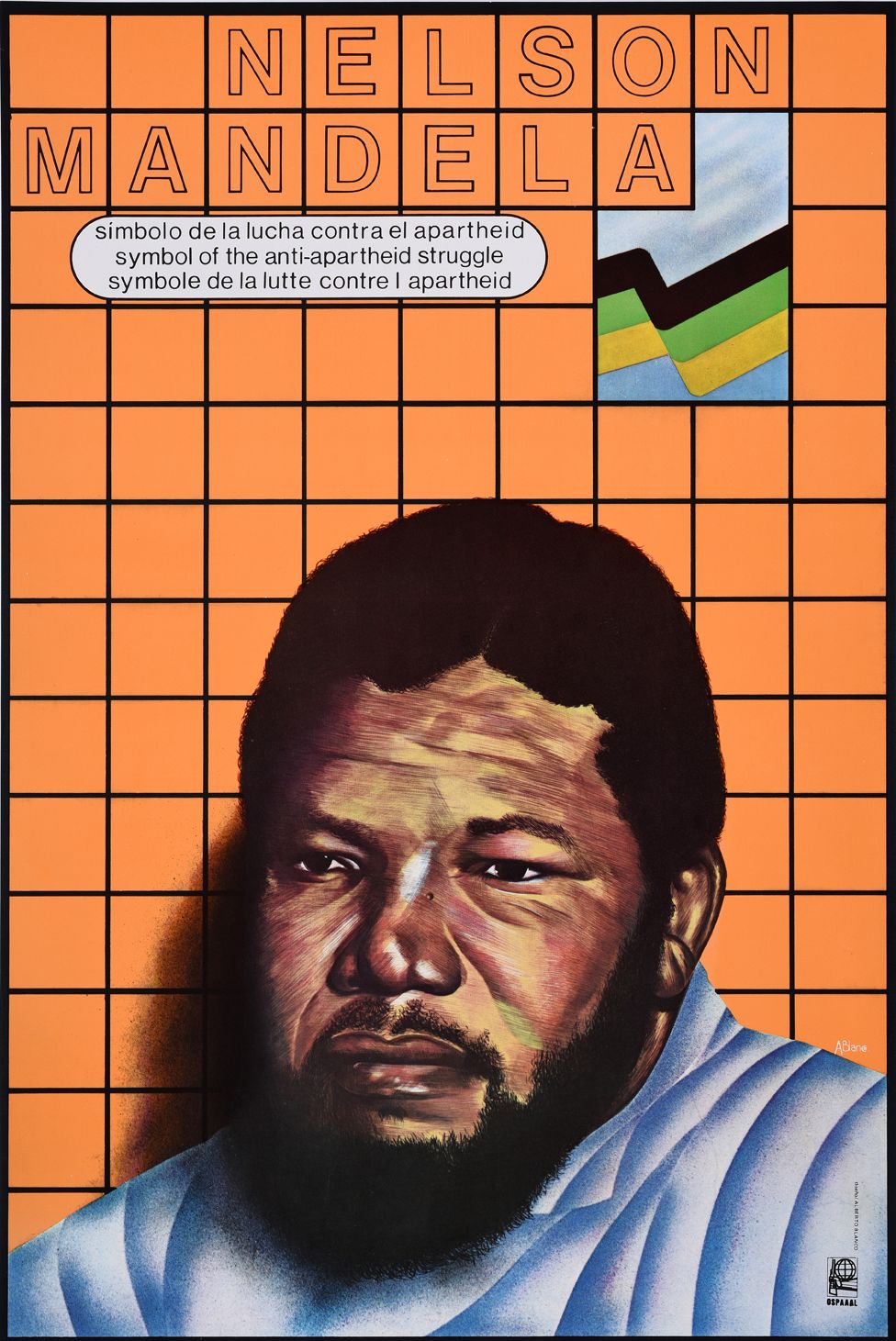 An Ospaaal poster entitled Nelson Mandela, 1989 with the words: "Symbol of the anti-apartheid struggle"