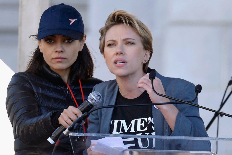 Scarlett Johansson speaking at a Time's Up rally against the abuse of women in Hollywood