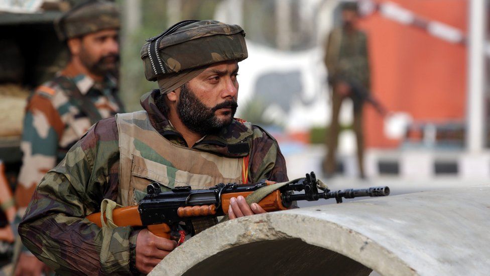 An Indian Army soldier takes position inside the 16 corps army headquarters after a militant attack in Nagrota, some 25km from Jammu, the winter capital of Kashmir, India, 29 November 2016