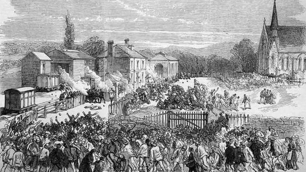 The riot at Mold, Flintshire, as published in the 'Illustrated London News', June 1869