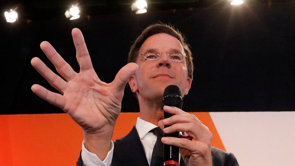 Dutch Prime Minister Mark Rutte appears before supporters in The Hague, Netherlands, March 15, 2017