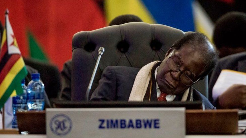 President Robert Mugabe of the Republic of Zimbabwe rests at the Opening Session of the 37th Southern African Development Community (SADC) Summit of Heads of State and Government at the OR Tambo Building in Pretoria on August 19, 2017