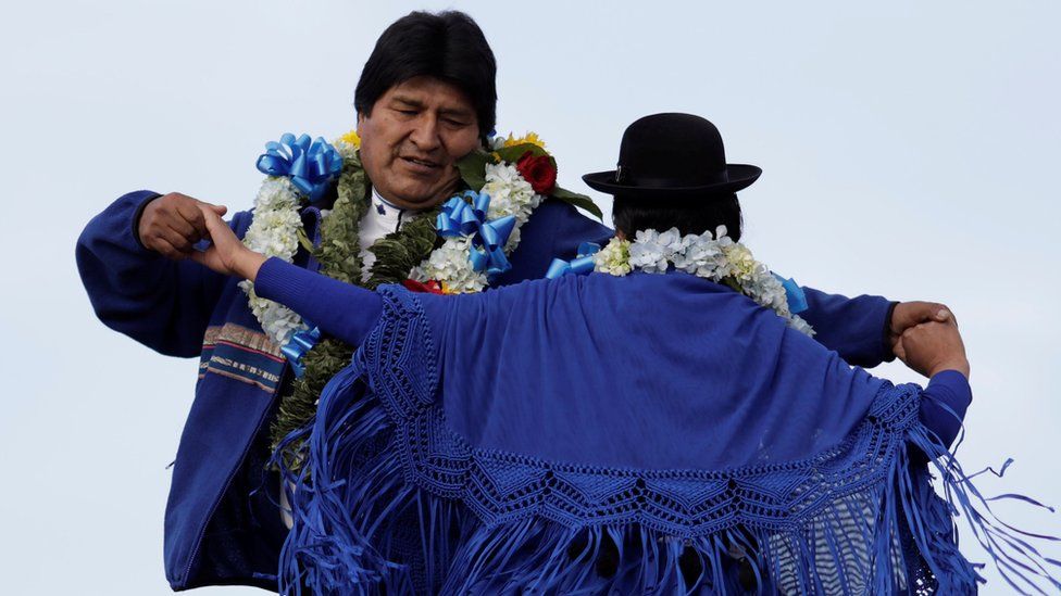 Bolivia's President Evo Morales dances during a closing campaign rally in El Alto