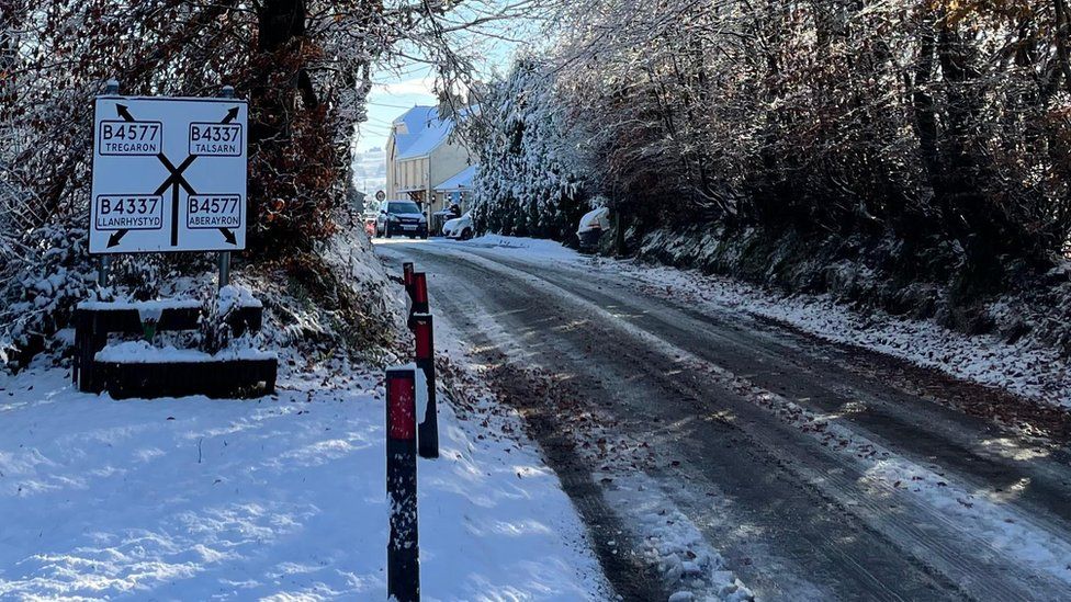 Snowy road conditions at Cross Inn, Ceredigion