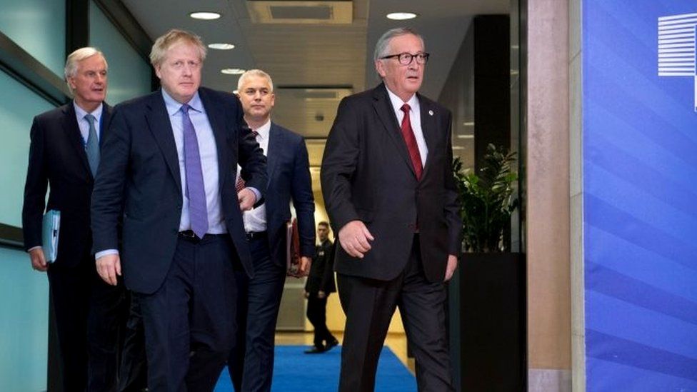 Michel Barnier, Boris Johnson, Stephen Barclay and Jean-Claude Juncker