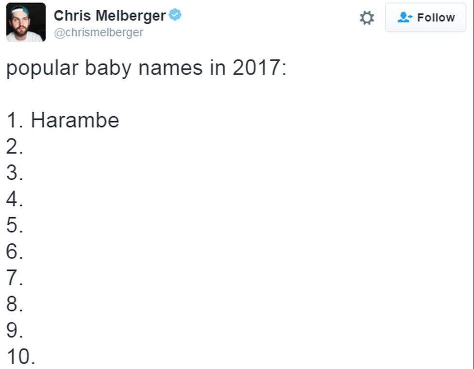 A tweet reads: "Popular baby names in 2017" with Harambe in the number one slot