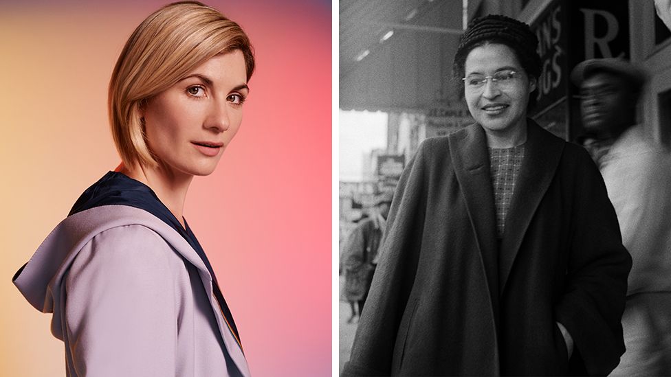 Jodie Whittaker as the Doctor (left) and Rosa Parks (right)