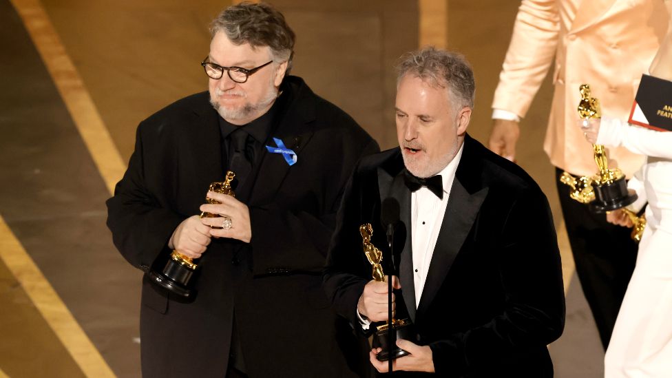Guillermo del Toro and Mark Gustafson accept the Best Animated Feature Film award for "Guillermo del Toro's Pinocchio" onstage during the 95th Annual Academy Awards at Dolby Theatre on March 12, 2023 in Hollywood, California
